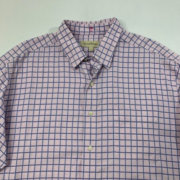 Tommy Bahama Shirt Mens 17 Pink Royal Blue Check Windowpane Cotton Button Up - Picture 4 of 9